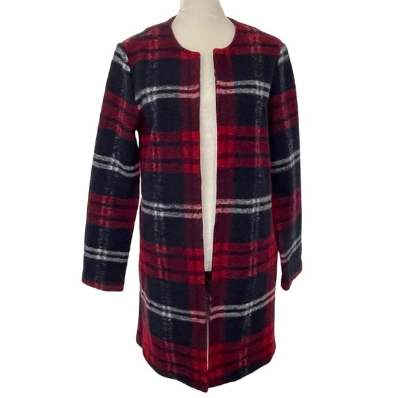 Max Studio Wool Blend Plaid Open Front Coat Women’s Size S Red Navy Pockets - Picture 2 of 7